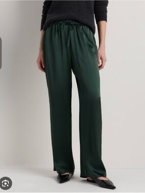 Quince Forest Green 100% Washable Silk Wide-Leg Drawstring Pants in Size S
